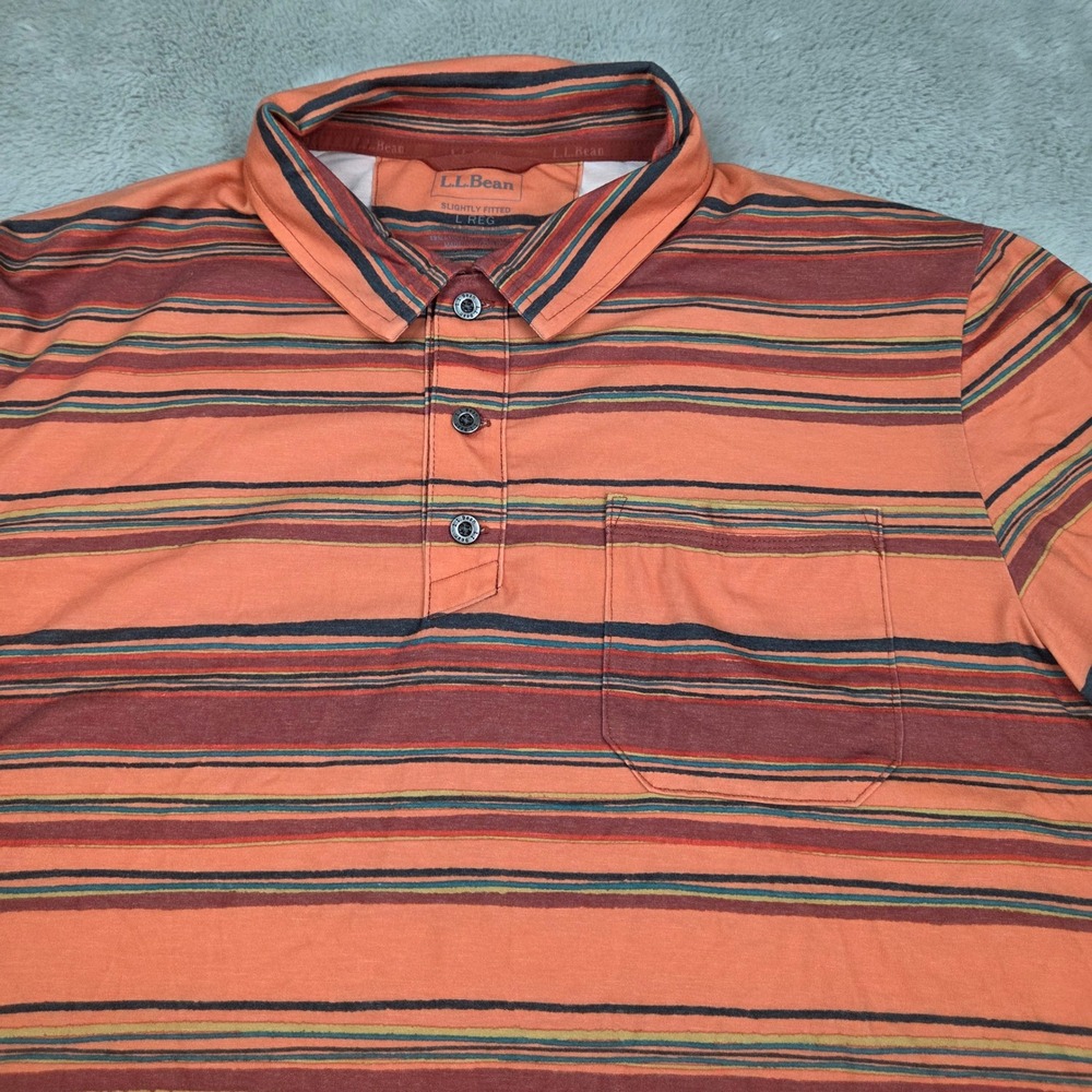 L.L. Bean Polo Shirt Mens L REG Slightly Fitted Striped Pocket Jersey Orange Mul